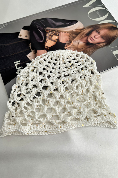 Modex Small Sequin Detail Mesh Hand Knitted Design Beanie
