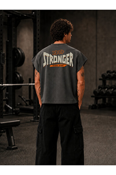 EVIus تي شيرت GYM Sporcu Stronger مطبوع بمقاس كبير وقصة مربعة بدون أكمام وياق...