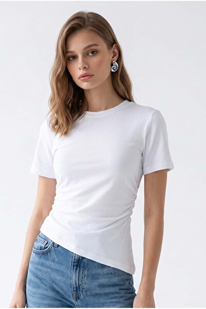 Mixray 2201 Women's Draped Asymmetrical Cut Short Sleeve Blouse White