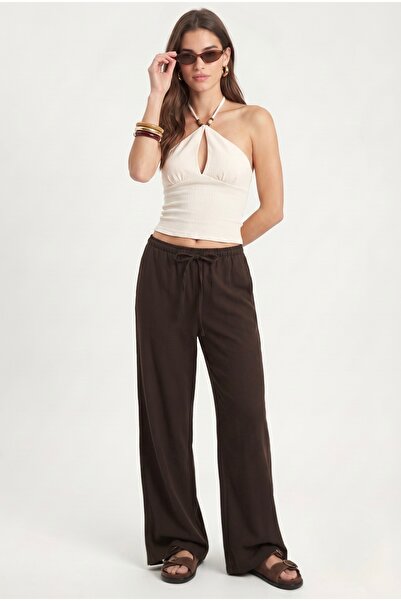 Ritnice Women's New George Linen Blend Loose Fit Woven Brown Trousers