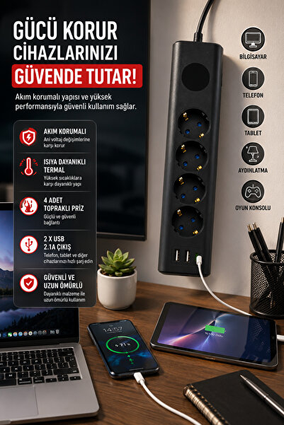 asua 4'lü Akım Korumalı Topraklı Çoklu Priz 2500W 10A 2 USB + 1 Type-C Isıya ...