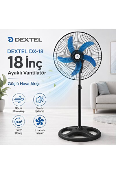 DEXTEL DX-18 18 İnç 5 Kanatlı Ayaklı Vantilatör – Güçlü Hava Akışı, Sessiz Çalışma, 360° Dönüş