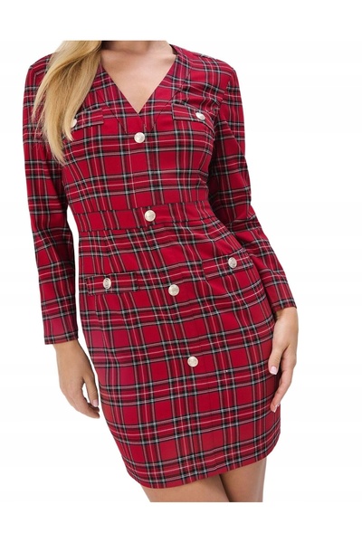NO BRAND Rochie mini în carouri roșii, cu nasturi decorativi, mâneci lungi, M...