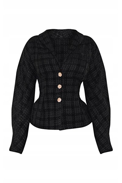 NO BRAND Sacou negru clasic texturat cu nasturi Prettylittlething 46