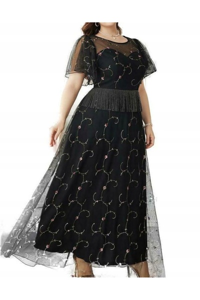 NO BRAND Rochie Maxi Neagră Elegantă din Chiffon cu Flori, Mânecă Scurtă, She...