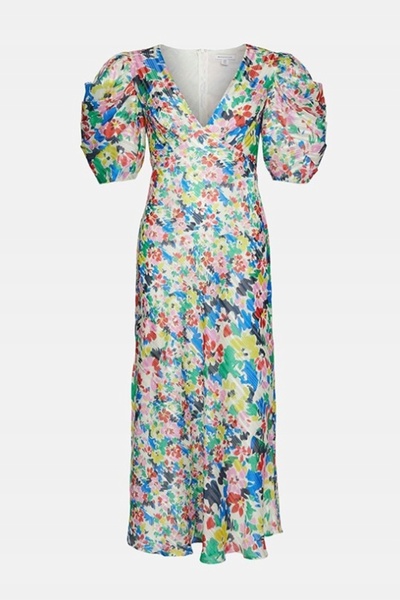 NO BRAND Rochie maxi colorată cu mânecă scurtă bufantă și fir argintiu, depoz...
