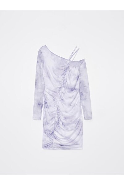 NO BRAND Rochie mov din plasă, cu model mixt, cu volane, mânecă lungă, mărimea S
