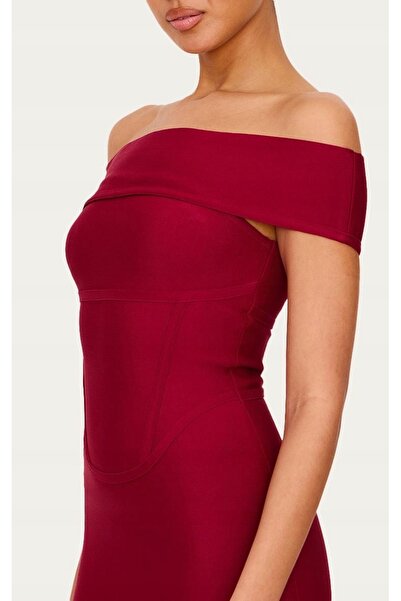 NO BRAND Rochie mini mulată bordo, cu umerii goi, Prettylittlething 42