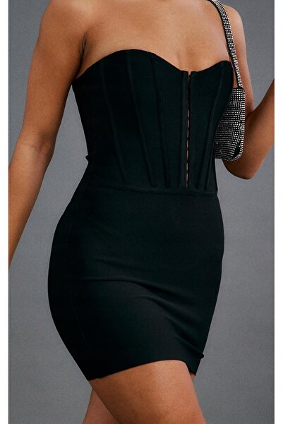 NO BRAND Rochie mini neagră cu corset cu bretele pe umeri, brodată, Prettylit...