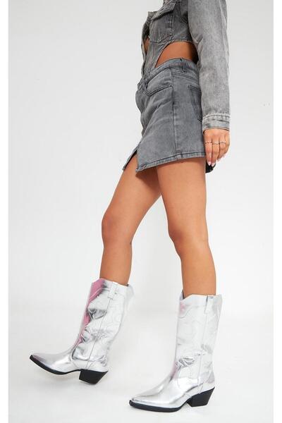 NO BRAND Cizme cowboy metalice Cozaki, argintii pe toc, brodate, Prettylittle...