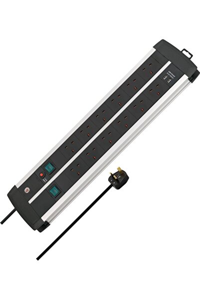 Brennenstuhl شريط طاقة فاخر من نوع Duo-ALU-Line، مزود بـ 12 منفذًا و2 منفذ شح...
