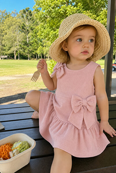 Elo Fiyonklu Pudra Keten Bebek Elbise