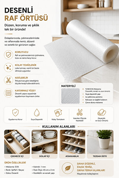 Eco Lounge Şeffaf Kaymaz Raf Ve Çekmece Örtüsü 45x300 Cm Dolap İçi Koruma