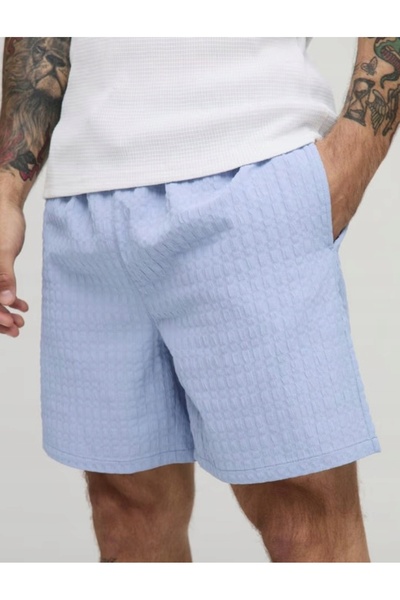 NO BRAND Pantaloni scurți texturati albaștri, deasupra genunchiului, cu bandă...