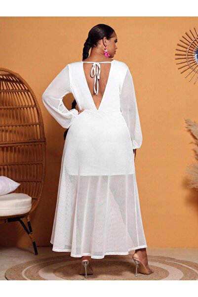 NO BRAND Rochie transparentă albă maxi cu decolteu adânc și legătură la spate...