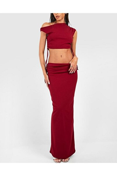 NO BRAND Set cu fustă Maxi Top Scurt Volane Șnur Bordeaux Boohoo 34