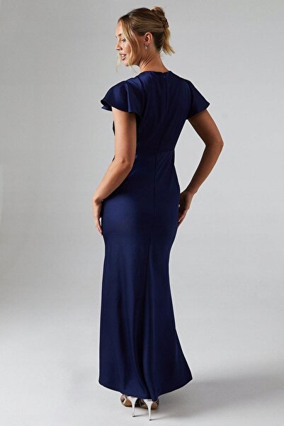 NO BRAND Rochie dreaptă, netedă, bleumarin, cu nasturi decorativi, guler tip ...