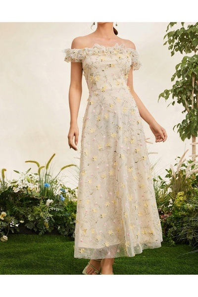 NO BRAND Rochie colorată din plasă, maxi, clasică, simplă, cu broderie floral...