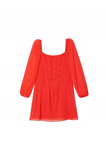 NO BRAND Rochie mini din șifon roșu, cu șnur, decolteu în A, mânecă lungă, L