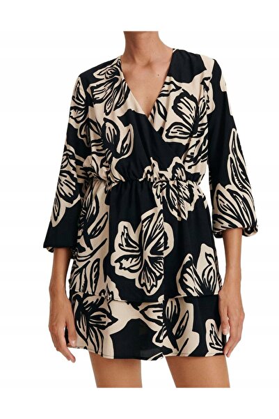 NO BRAND Rochie mini cu imprimeu negru-bej, cu mânecă lungă și guler decorat,...