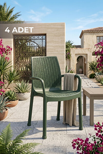 BAHAR BAHÇE PLASTİK EFES Rattan 4 Adet Plastik Bahçe ve Balkon Sandalyesi Yeşil