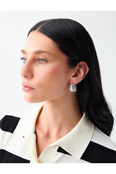 Jimmy Key Silver Color Curved Serrated Half Hoop Earrings