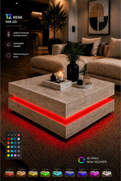 webotto 8 Dammas RGB LED Işıklı Orta Sehpa Kumandalı Traverten Desen Modern Y...
