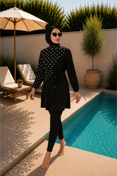 Sunova Beachwear Luna Serisi Ana Renk Siyah, Desen Rengi Beyaz Puantiyeden Ol...