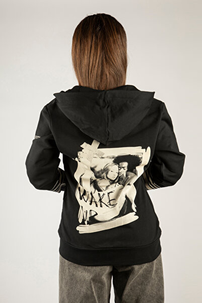 Unisex Oversize Fermuarlı Kapüşonlu Sweatshirt Hoodie 3 İplik Pamuklu Siyah Wake Up Baskılı