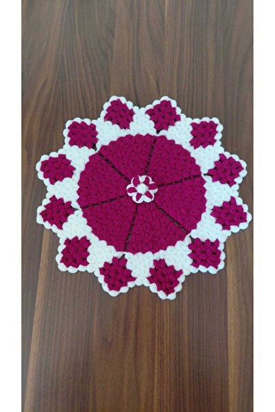 WIB TASARIM Çeyizlik Hand Knitted Round Washcloth - Burgundy White Floral Det...