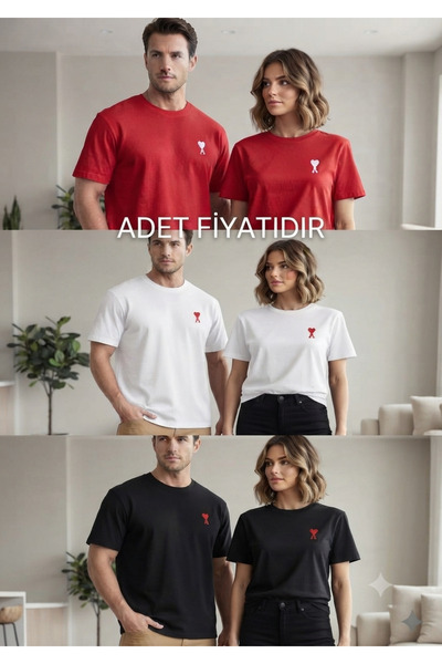 ATKGİYİM Unisex Heart Embroidered Burgundy Black and White Slim Fit Loose Cut T-Shirt Suprem Combed Cotton Fabric 24,1