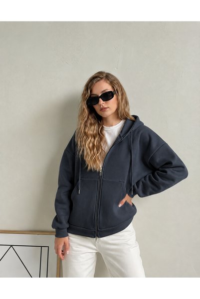 YAKAMEL KADIN 3 İPLİK KAPÜŞONLU FERMUARLI OVERSİZE SWEATSHIRT HIRKA