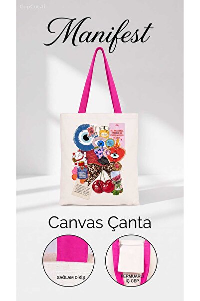 Juniper Canvas Beach Bag with Inner Pocket Fuchsia Handle for Beach and Daily Use