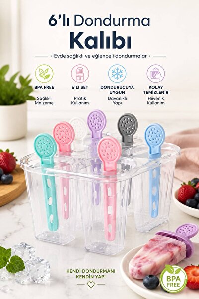 HAZARPAZAR 6 Bölmeli Dondurma Kalıbı ve Çubukları - BPA Free | 7,5 x 5,5 x 3 cm