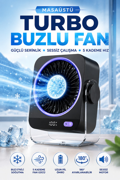 Merwish Masaüstü Turbo Buzlu Fan 5 Kademeli Hız Ayarlı Metal Soğutma Bloklu 4...