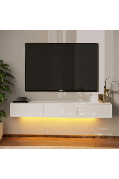 İNARCH DİZAYN Alba Led Işıklı Duvara Monte TV Sehpası - 3 Kapaklı Tasarım Beyaz