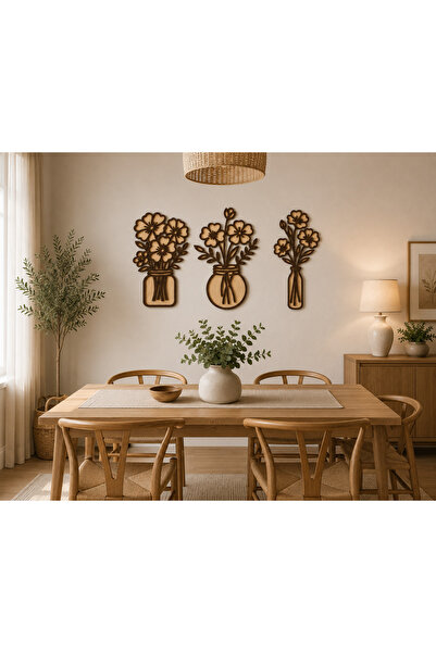 3’lü Vazoda Çiçek Figürlü Ahşap Duvar Dekoru Seti – Çift Katmanlı MDF, Her Biri 25 × 40 cm
