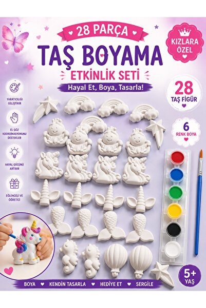 MİSSEHOME 28 Adet (3D) Unicorn Taş Boyama Figür Çocuk Gelişimi Boyama Etkinli...