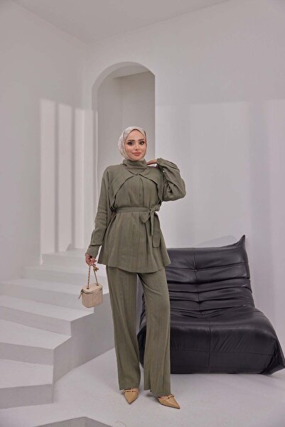 Bwest طقم كتان - كاكي