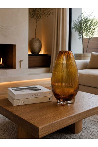 Doğa DF Place Amber Füme Dekoratif Cam Vazo – Çizgili Tasarım, Modern Salon v...