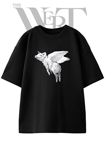 THEWERT Flying Pig Design Printed Unisex Black Oversize T-Shirt