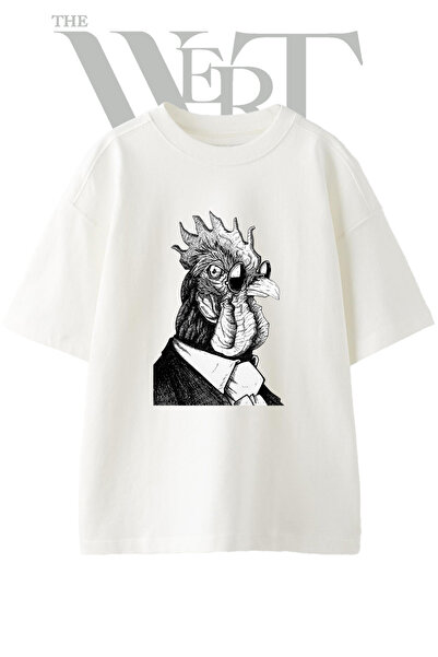 THEWERT Μπλουζάκι Unisex με στάμπα Gentleman Rooster Design, λευκό, oversized