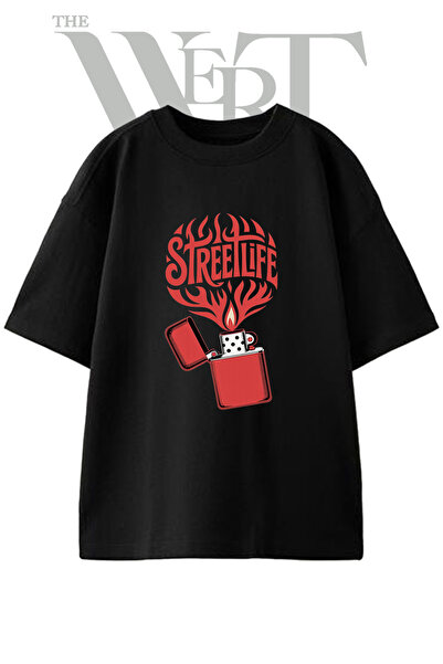 THEWERT Тениска Streetlife с щампа  "Lighter Design ", унисекс, черна, овърсайз