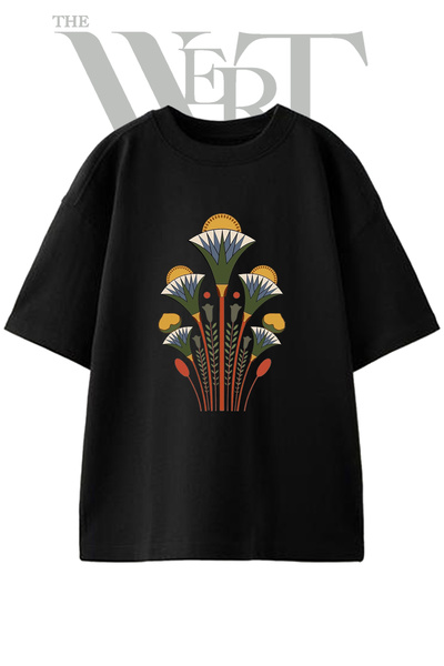 THEWERT Tricou oversize negru unisex cu imprimeu cu design egiptean Lotus Pap...