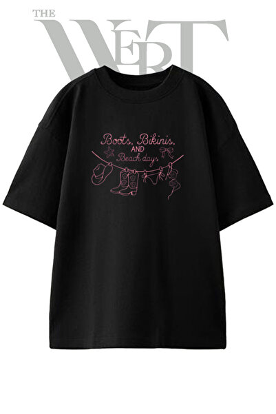 THEWERT Cowboy Bikini Beach Design Printed Unisex Black Oversize T-Shirt