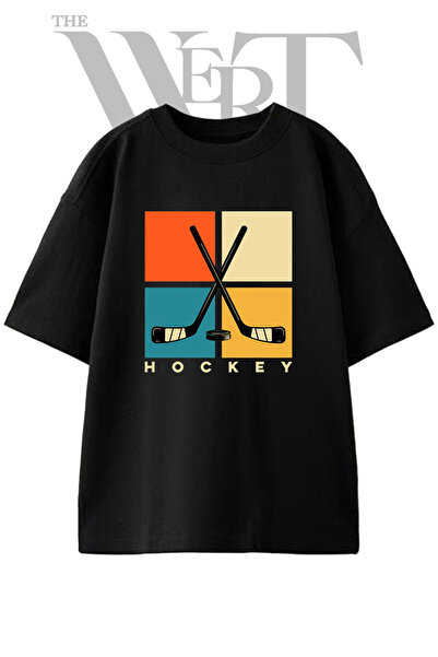 THEWERT Tricou oversize negru unisex cu imprimeu design hochei, crose și puc