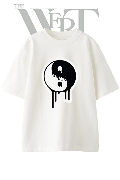 THEWERT Μπλουζάκι Unisex με στάμπα Yin Yang Melting Design, λευκό, oversized