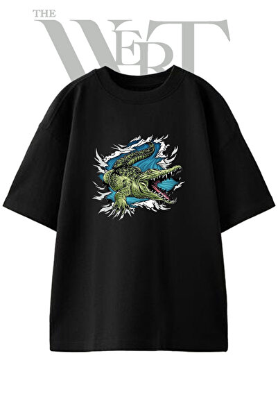 THEWERT Tearing Crocodile Design Printed Unisex Black Oversize T-Shirt