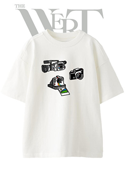 THEWERT Tricou supradimensionat alb unisex cu imprimeu cu design retro cu cam...