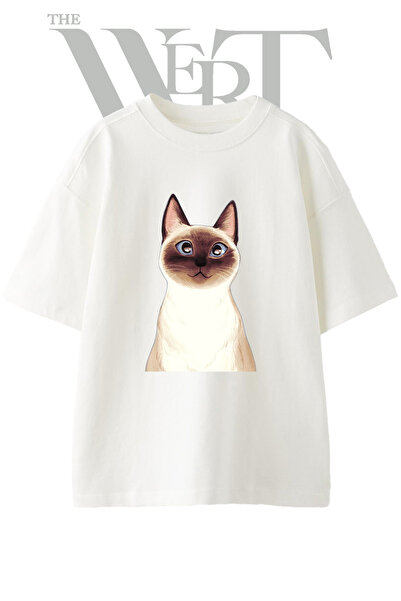 THEWERT تي شيرت أبيض كبير الحجم مطبوع بتصميم Siamese Cat_1 للجنسين
